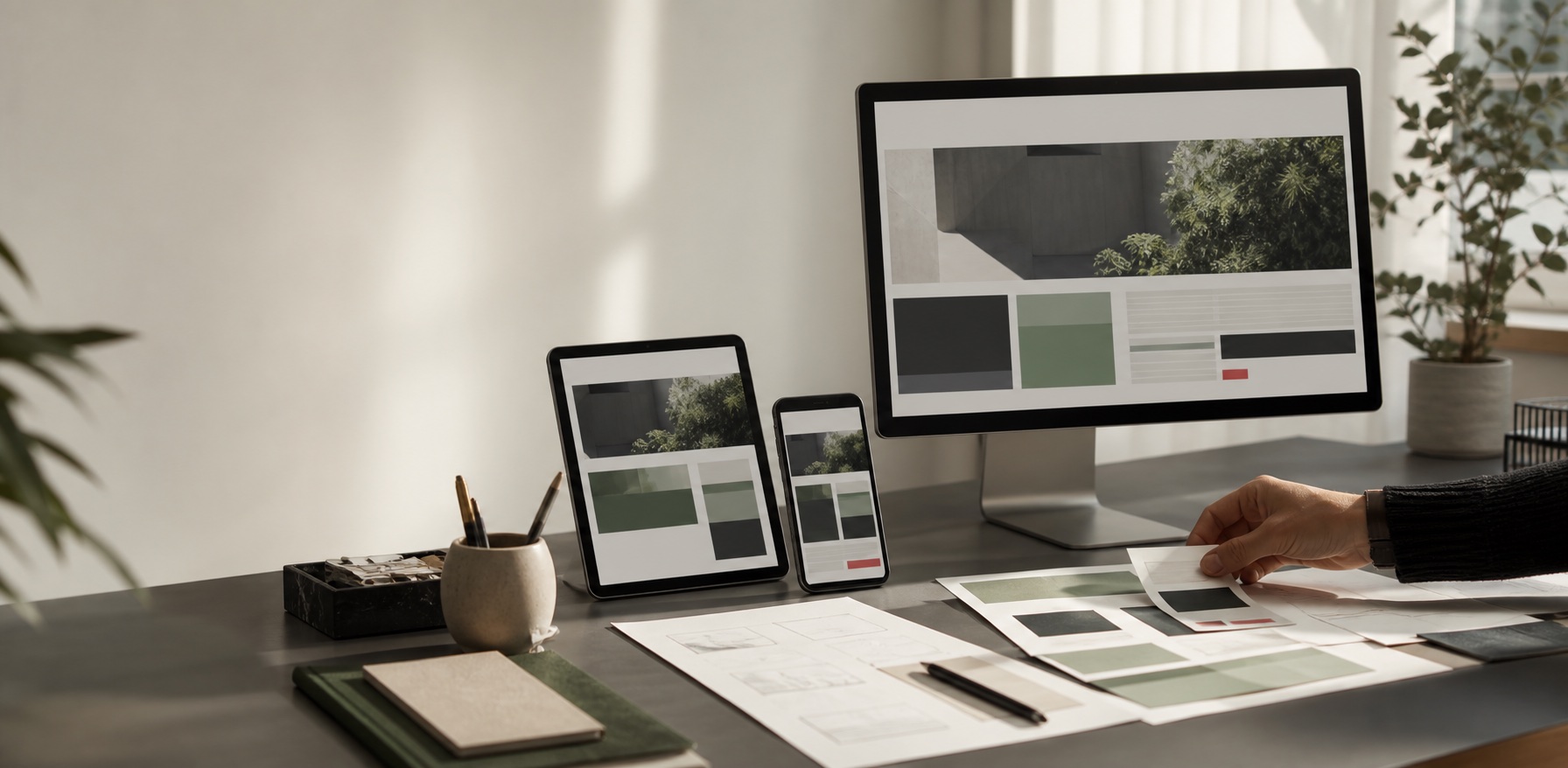 Dirección visual de un sitio empresarial en escritorio, tableta y móvil